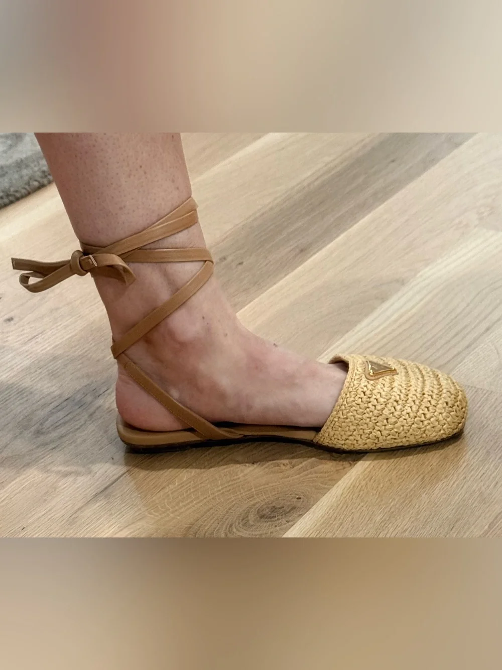 Prada Raffia Woven Wrap Up Sandals